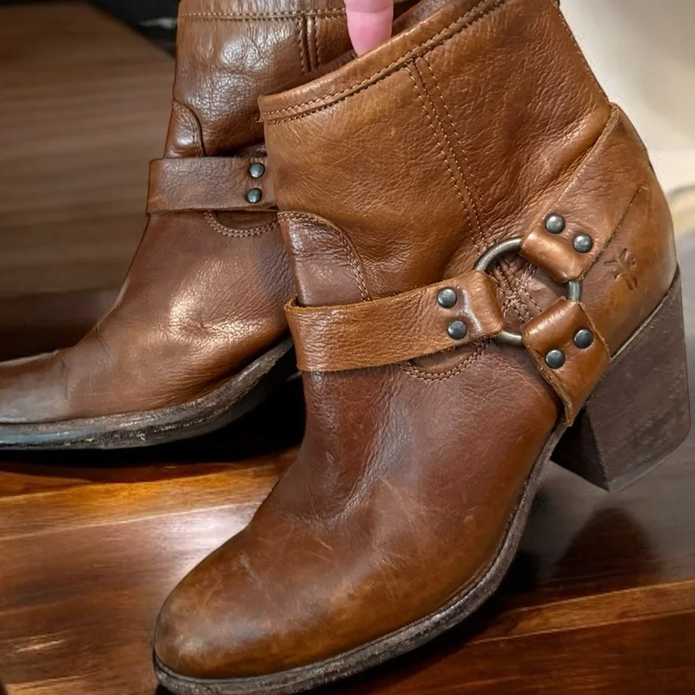 Frye Brown Leather Harness Ankle Boots